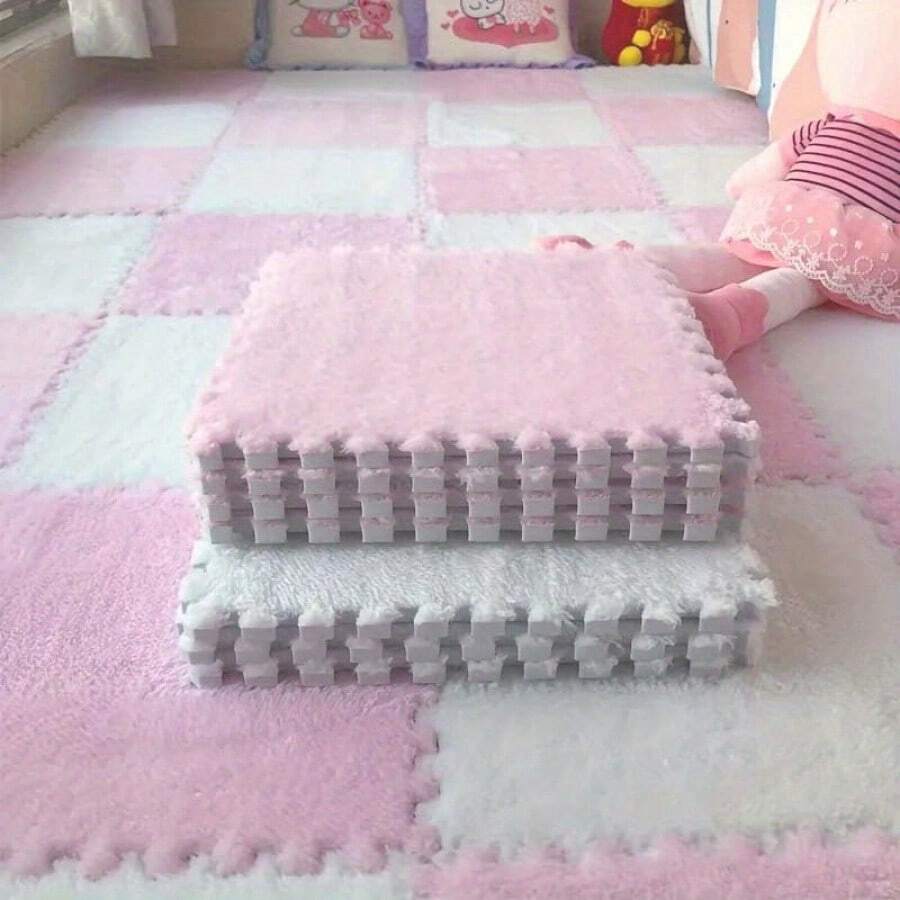 12 Pieces Thick Suede Splicing Floor Mat, Fluffy Square Foam Brick With Edge, Soft Non-Slip Puzzle Carpet Children's Room Floor Mat, 12X12 Inches