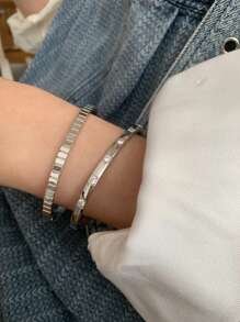 1/2pcs Stainless Steel Silver Cubic Zirconia Stacked Bracelet Set For Women, Hypoallergenic High Color Retention Daily Wear, Gift - Silver - View 3