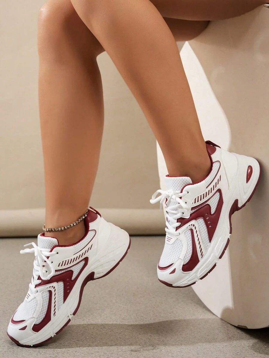 2025秋季厚底厚底运动鞋软皮2024春夏新款网面透气跑步鞋女休闲运动鞋 - 紅色 - 查看 1