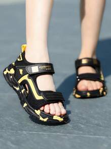 儿童鞋、儿童凉鞋、儿童运动凉鞋、可调节双钩环搭扣、黑白经典配色、男童水凉鞋、时尚百搭沙滩鞋 - 金色 - 查看 7