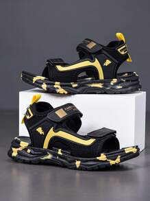 儿童鞋、儿童凉鞋、儿童运动凉鞋、可调节双钩环搭扣、黑白经典配色、男童水凉鞋、时尚百搭沙滩鞋 - 金色 - 查看 4