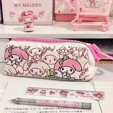 Sanrio 1 pieza Estuche de lápices de lona con Mi Melodía, lindo diseño de personaje de dibujos animados con gran capacidad de cierre - Estuche de almacenamiento de artículos de papelería autorizado para bolígrafos y útiles escolares