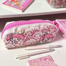 Sanrio 1 pieza Estuche de lápices de lona con Mi Melodía, lindo diseño de personaje de dibujos animados con gran capacidad de cierre - Estuche de almacenamiento de artículos de papelería autorizado para bolígrafos y útiles escolares