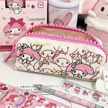 Sanrio 1 pieza Estuche de lápices de lona con Mi Melodía, lindo diseño de personaje de dibujos animados con gran capacidad de cierre - Estuche de almacenamiento de artículos de papelería autorizado para bolígrafos y útiles escolares