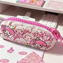 Sanrio 1 pieza Estuche de lápices de lona con Mi Melodía, lindo diseño de personaje de dibujos animados con gran capacidad de cierre - Estuche de almacenamiento de artículos de papelería autorizado para bolígrafos y útiles escolares