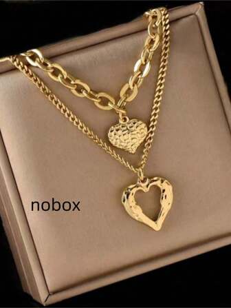 1pc Asymmetrical Chain Pendant Necklace With Double-Layer Heart Design, Unisex Fashionable Vintage Everyday/Party Accessory (Slight Color Difference May Exist Between Actual Product And Image Due To Lighting And Angle During Photography, OPP Bag And Box Are For Photography Purposes Only)