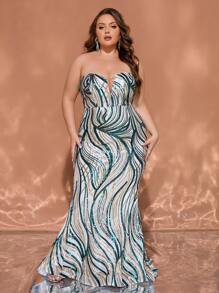 Vestido de baile plus size com decote em V e lantejoulas, vestido longo, design assimétrico (padrão floral aleatório) - Verde - Ver 2