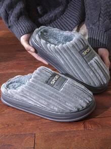 毛皮男士家居拖鞋绒面条纹 EVA 厚底冬季舒适保暖一脚蹬鞋记忆泡沫柔软安静休闲拖鞋 - 灰色 - 查看 2