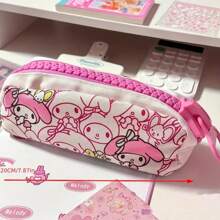 Sanrio 1 pieza Estuche de lápices de lona con Mi Melodía, lindo diseño de personaje de dibujos animados con gran capacidad de cierre - Estuche de almacenamiento de artículos de papelería autorizado para bolígrafos y útiles escolares