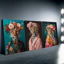 三件套时尚豹纹浴袍、发带和帆布画套装，防水墙面装饰，适用于客厅、卧室、家庭办公室 - 现代动物肖像、趣味插画、墙面艺术、海报礼物、生日和毕业纪念 - 彩色 - 查看 1