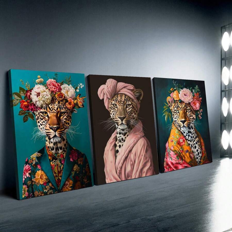 三件套时尚豹纹浴袍、发带和帆布画套装,防水墙面装饰,适用于客厅、卧室、家庭办公室 - 现代动物肖像、趣味插画、墙面艺术、海报礼物、生日和毕业纪念 - 彩色 - 查看 1