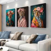 三件套时尚豹纹浴袍、发带和帆布画套装，防水墙面装饰，适用于客厅、卧室、家庭办公室 - 现代动物肖像、趣味插画、墙面艺术、海报礼物、生日和毕业纪念 - 彩色 - 查看 5