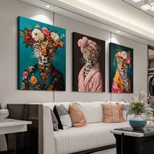 三件套时尚豹纹浴袍、发带和帆布画套装，防水墙面装饰，适用于客厅、卧室、家庭办公室 - 现代动物肖像、趣味插画、墙面艺术、海报礼物、生日和毕业纪念 - 彩色 - 查看 7