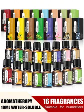 Vattenlösliga aromatiska eteriska oljor med över 10 dofter inklusive lavendel, lilja, vanilj, ros för att lugna sömnen och fräscha luft, lämplig för luftfuktare