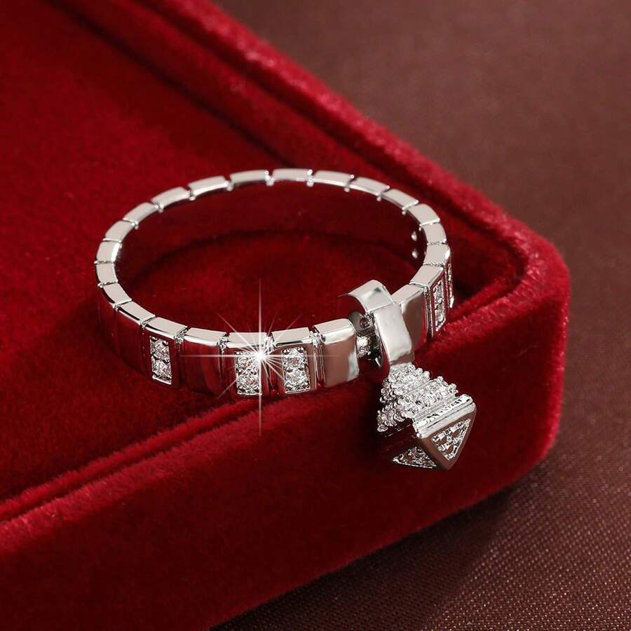 1pc Geometric Pendant Design Cubic Zirconia Women Ring
