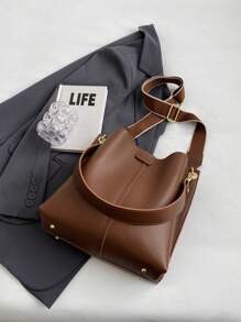 Bolsa Tote de Grande Capacidade para Mulheres, Nova Bolsa de Ombro Casual de Cor Sólida Popular com Toque de Alta Qualidade