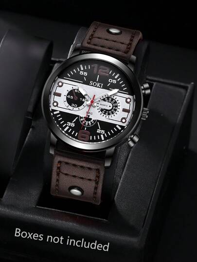 SOKI SOKI ساعة رجالية كاجوال بسوار جلد مع عرض التاريخ بعقارب كوارتز، ساعة رجالية عصرية بتصميم بسيط رياضي مناسبة للارتداء اليومي، هدايا عيد الميلاد، الحفلات، التجمعات العائلية، وكهدية مثالية لنفسك أو أصدقائك (لا تشمل العلب)