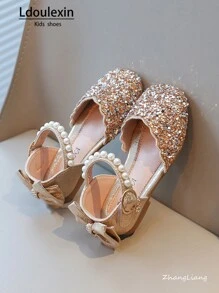 Girls Princess Rhinestone Pearl Bow Ballet Flats, Multipurpose: Holiday, Party, Daily Wear (Fits Thanksgiving, Christmas Eve) - Gold - View 3