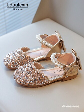 女孩公主水钻珍珠蝴蝶结芭蕾平底鞋，多用途：节日、派对、日常穿着（适合感恩节、圣诞夜）