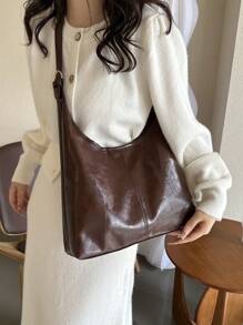 纯色复古休闲大容量可折叠单肩包，轻便，适合学生、购物、旅行 - 咖啡棕 - 查看 7