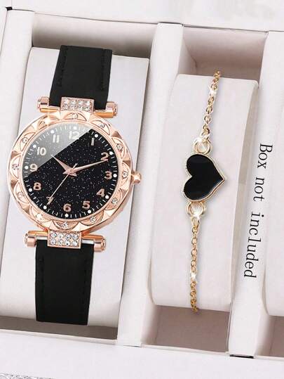 2入組女孩閃亮鑽石石英手錶模擬PU皮革手錶及心形手鐲，送給媽媽的禮物，回去上學搭配所有服飾都合適