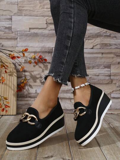 Women's Spring Autumn New Gold Button Thick Sole Wedge Slip-On High Heel Casual Dress Shoes