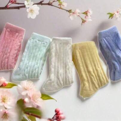5 pares de meias femininas de inverno de pelúcia, design confortável de malha com cano médio, macias, quentes e elásticas, meias térmicas de outono e inverno, meias de cor sólida para o chão, presentes para mulheres