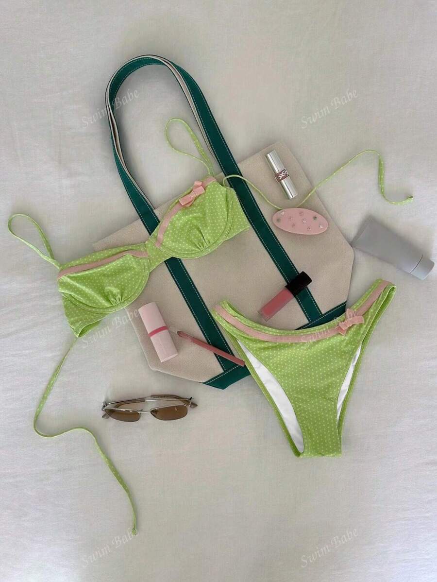 New Soft Padded Underwire Polka Dot Adjustable Strap Lace-Up Back Bikini Top For Women, Sexy Beach Swimwear Summer