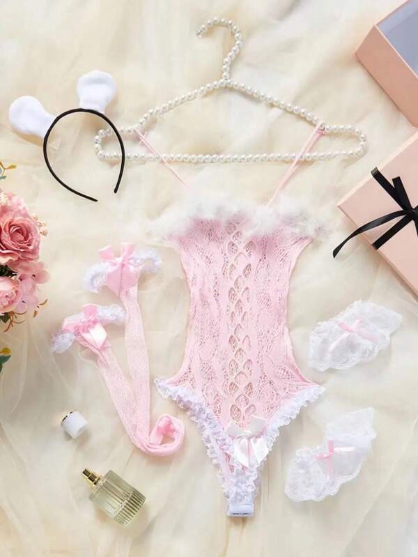 Traje de cosplay feminino com acabamento em renda de rede de pesca, body Cami com faixa de cabelo, pulseira e cauda para roupa íntima