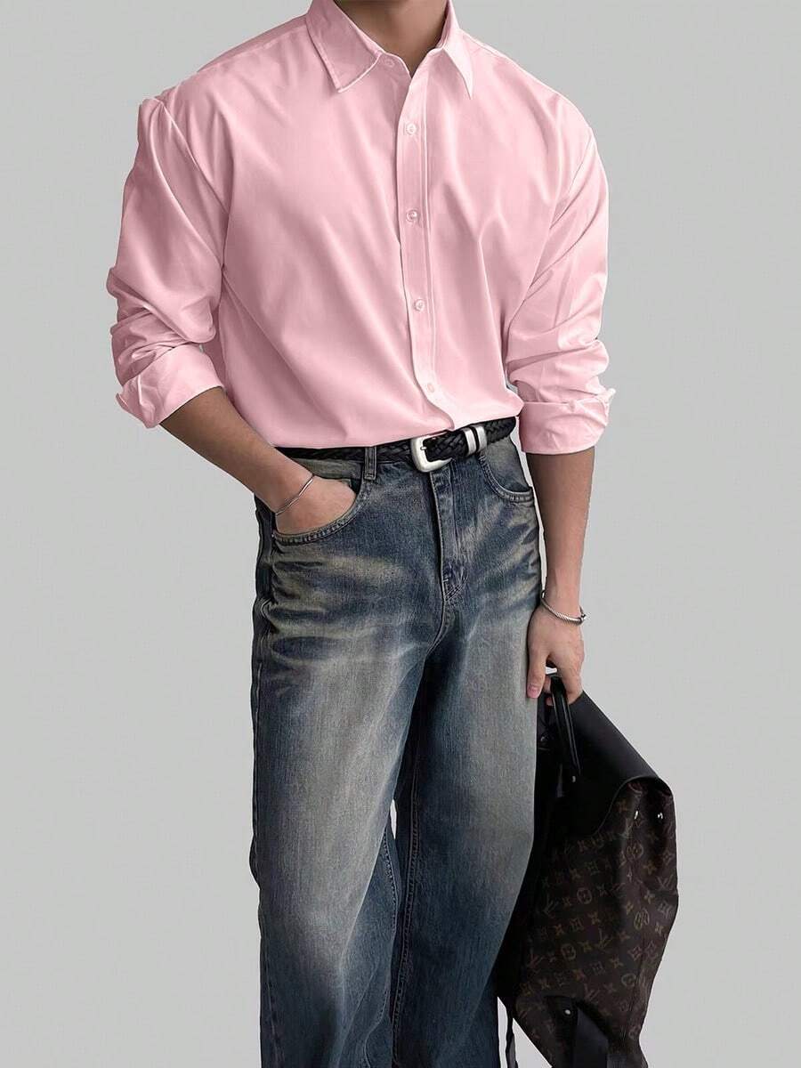 Men's Long Sleeve Plain Button Down Dress Shirt - Màu Hồng baby - Xem 1