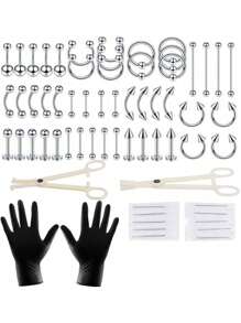 13/64/74/134 Pcs Disposable Body Piercing Tool Kit With 16g Stainless Steel Piercing Needles, Piercing Pliers, Lip/Microblanding/Nose/Tongue/Bellybutton Rings - Silver - View 6