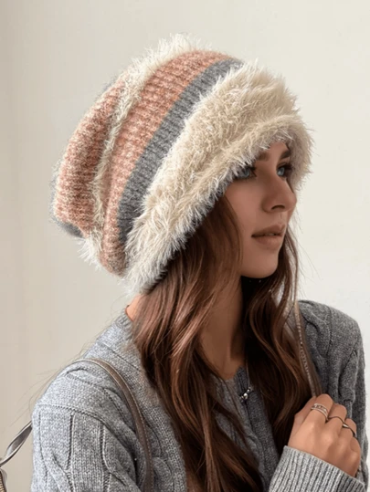 女士加厚针织帽 - 100% 腈纶，保暖内衬，弹性宽松版型，轻便保暖，可手洗，无帽檐，适合日常佩戴，冬季适用