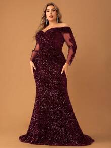 YISIKADO 大码女式优雅性感亮片网眼贴花露肩鱼尾晚礼服 - 酒紅色 - 查看 5