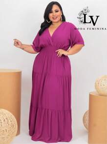 Plus Size Long Dress V Neck Short Sleeve - Rose Red - View 3