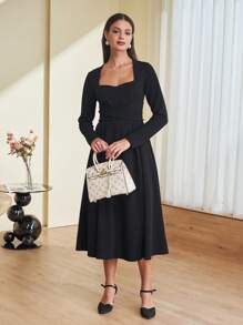 Vestido midi de alta gama de manga larga y cintura ceñida con corte evasé de unicolor, estilo para ir a trabajar, primavera - Negro - Ver 6