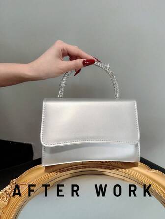 A Sparkling Rhinestone Evening Bag, White Leather Clutch Bag, Formal Party Bag, Romantic Wedding Bag, Formal Dress Bag, Flap Square Chain Shoulder Bag, Bride Handbag