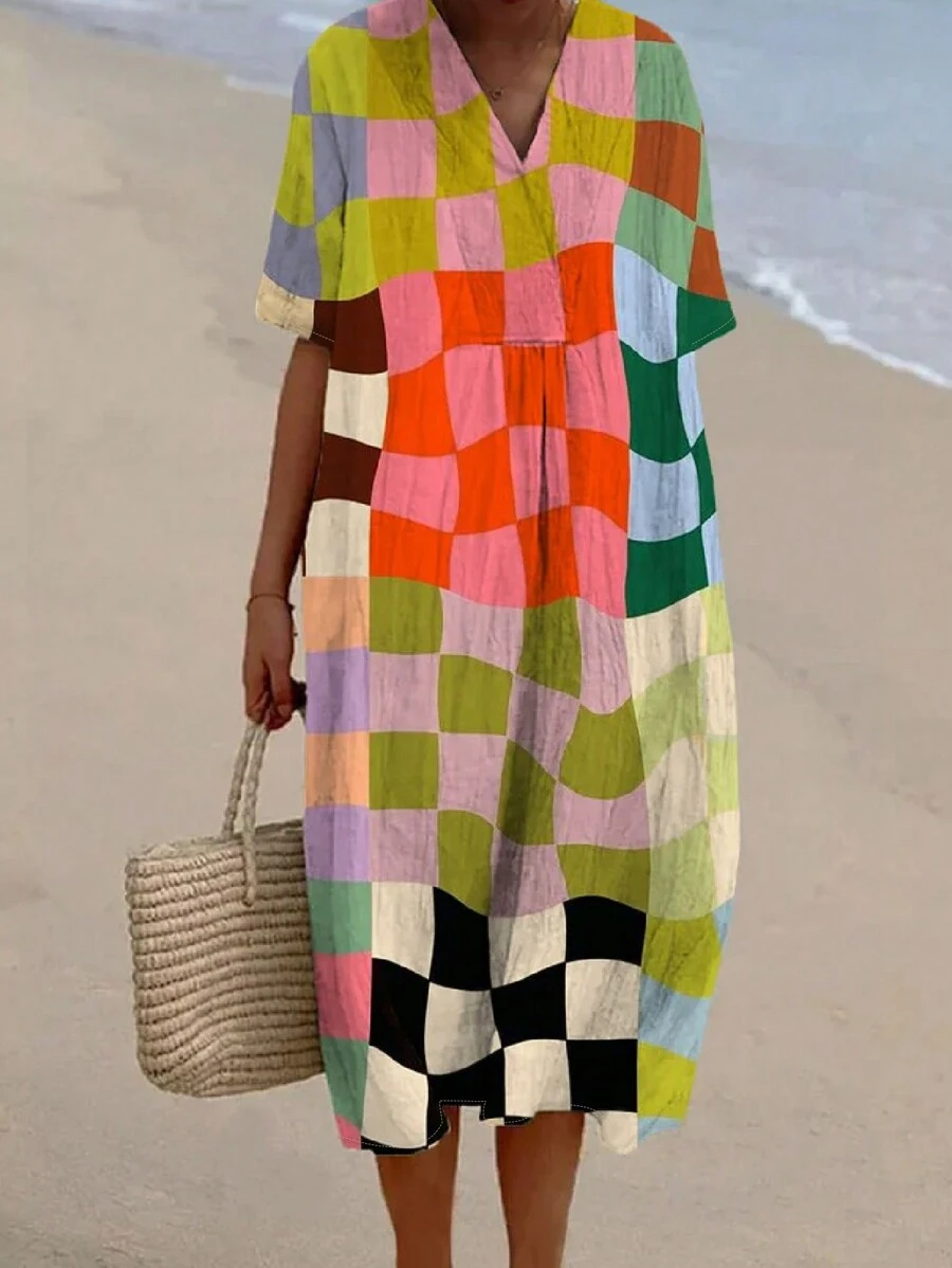2025 Bohemian Vacation Beach Casual Women's Oversized Spring Summer Fashion Casual Resort Style Multicolor Plaid Element Casual Printed V-Neck Short Sleeve Dress The Dress Patterns Are Printed Randomly And Are All Unique