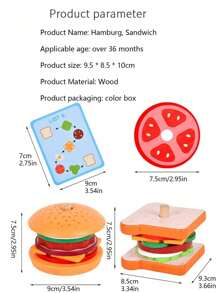 Wooden Baby's Simulation Hamburger Sandwich Set With Matching Pillars, Food Cutting, Kitchen Utensils For Kindergarten Family Toys