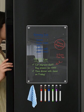 Tablero de dibujo acrílico con imán, color al azar, 1 paño, 6 bolígrafos de pizarra blanca, tablero de planificación y memo, sticker magnético y reutilizable para refrigerador, pizarra blanca portátil