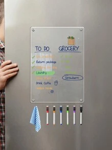 帶磁鐵的亞克力畫板，隨機顏色，包含1塊清潔布，6支白板筆，計劃和便條板，磁性且可重複使用的冰箱貼紙，便攜式白板