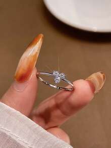 1PC 925 Sterling Silver Simple Delicate Four Leaf Clover Zirconia Ring Ladies Jewelry Gift Birthday Gift Party Gift - Ring - View 3