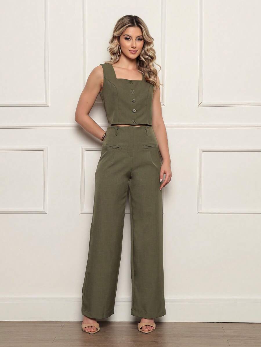 Women's Cropped Tailored Set With Square Collar And Long Trousers - 軍綠色 - 查看 1
