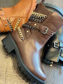 Women's Chunky Combat Ankle Boots, Chain Decor Non-Slip Winter Boots