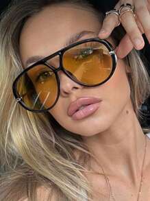 新款时尚复古双梁金属超大镜框眼镜，男女皆宜，适合日常佩戴、户外、节日、派对、街头风格，独特的椭圆形装饰眼镜飞行员形状墨镜