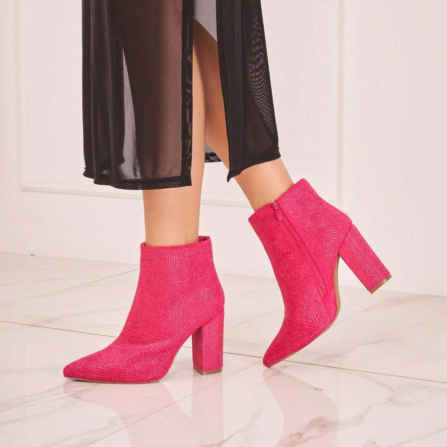 Electric Rhinestone Ankle Boots With Block Heel – Bold Sparkle And Luxurious Finish - Hot Pink - View 1