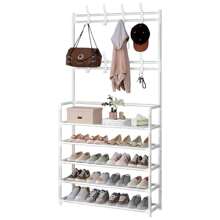 Freestanding Coat Rack With Shoe Bench And Removable Hooks - Multifunctional Entryway Furniture (Black/White) (SHOE-001) - trắng - Xem 2
