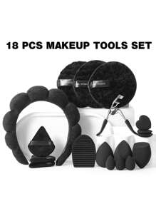 18/36/37pcs Makeup Tools Set, Includes: 1pc Multifunctional Waterproof Zipper Cosmetic Bag + 18pcs Makeup Brushes Set + 3pcs Makeup Sponges + 3pcs Mini Makeup Sponges + 3pcs Triangle Powder Puffs + 3pcs Mini Air Cushion Puffs + 1pc Eyelash Curler + 1pc Hair Band + 3pcs Facial Cleansing Sponges + 1pc Makeup Brush Cleaning Tool