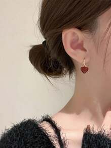 1 对女士勃艮第双面心形耳环，独特设计，优雅适合婚礼、派对、音乐节、节日