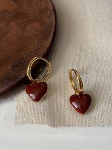 1 对女士勃艮第双面心形耳环，独特设计，优雅适合婚礼、派对、音乐节、节日