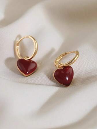 1 par Burgundy dubbelsidiga hjärtörhängen för kvinnor, unik design, elegant för bröllop, fester, musikfestivaler, helgdagar